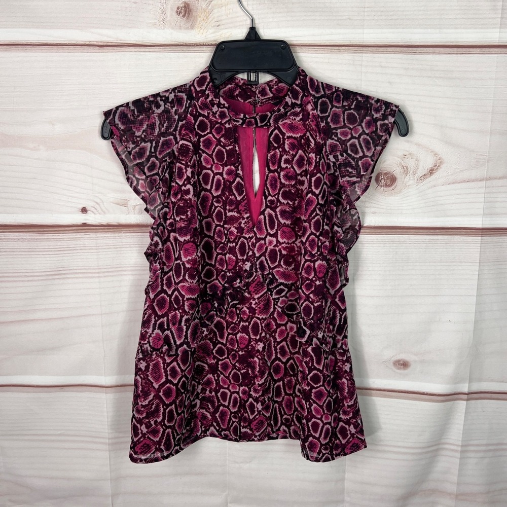Express Top Womens XS Purple Snakeskin Print Blouse Chiffon Keyhole Neck Flutter